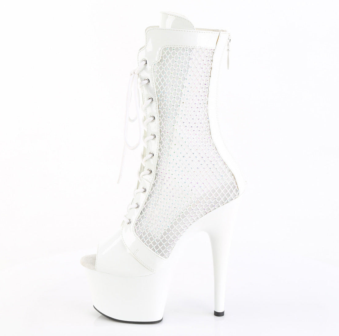 White patent 7 inch stiletto platform ankle boots with lace-up front, peep toe, and  AB rhinestone mesh side panels.