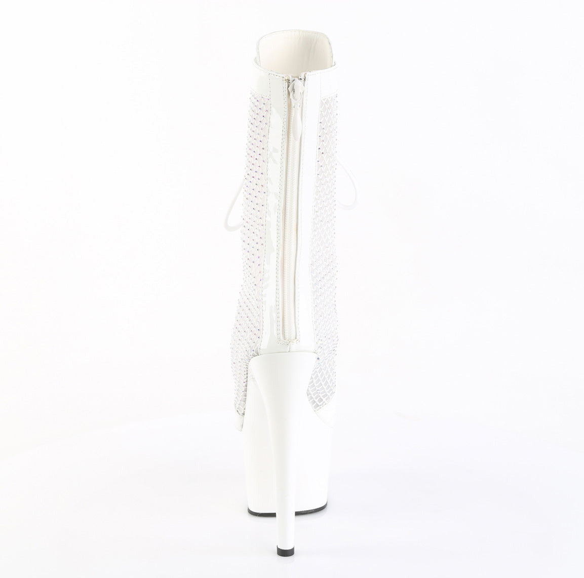 White patent 7 inch stiletto platform ankle boots with lace-up front, peep toe, and  AB rhinestone mesh side panels.