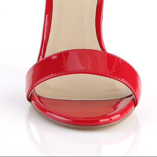 Red Patent Leather Ankle Strap Heels on white background