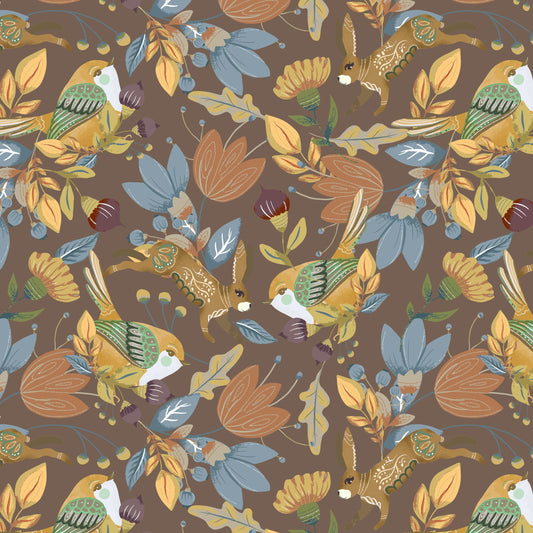 Pattern of birds and leaves on a brown background