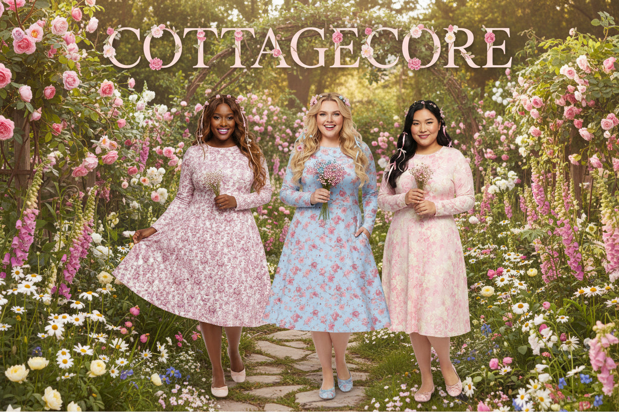 floral cottagecore dresses standing in a garden with 'Cottagecore' text above.