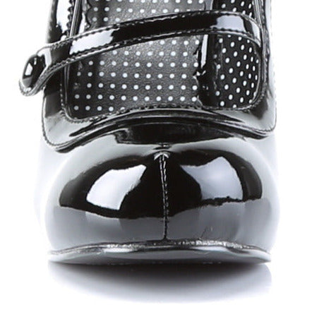 Black patent 50s vintage-inspired shoe on a white background