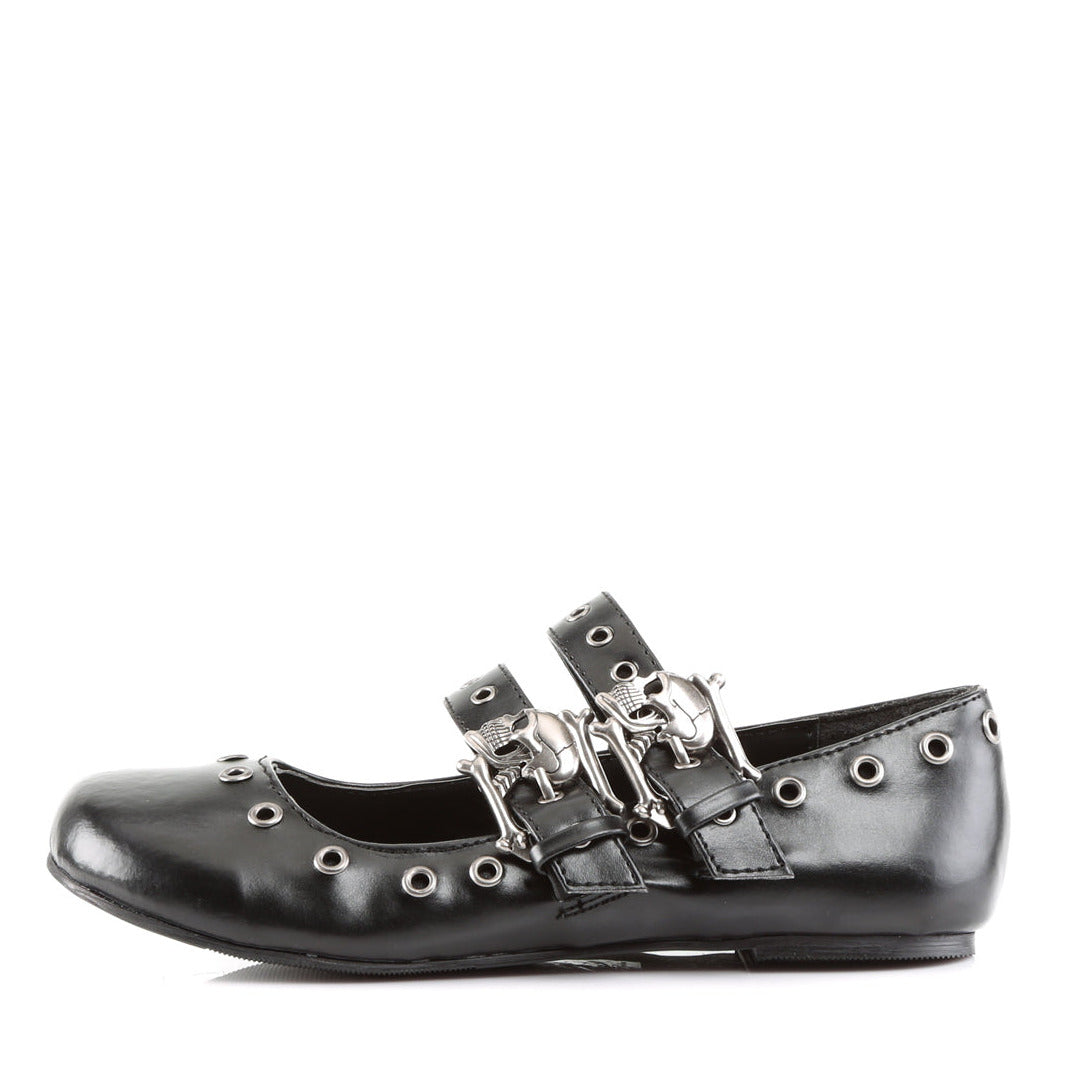 Gothic Double Strap Skull Flats on White Background