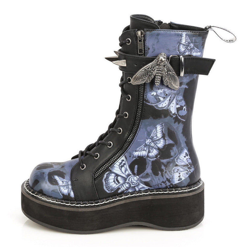 Goth Moth Platform Mid-Calf Combat Boots on White Background