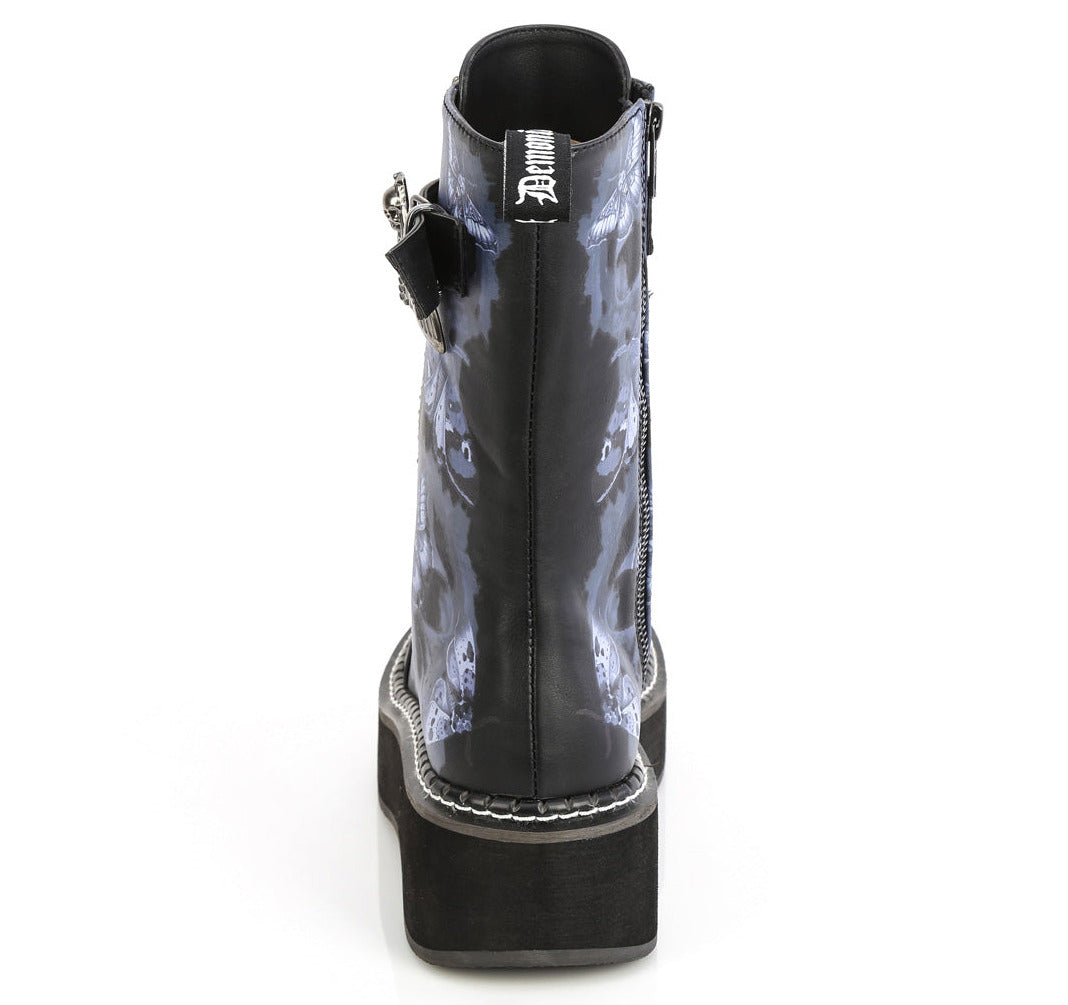 Gothic Moth Skull Platform Mid-Calf Combat Boots on white background
