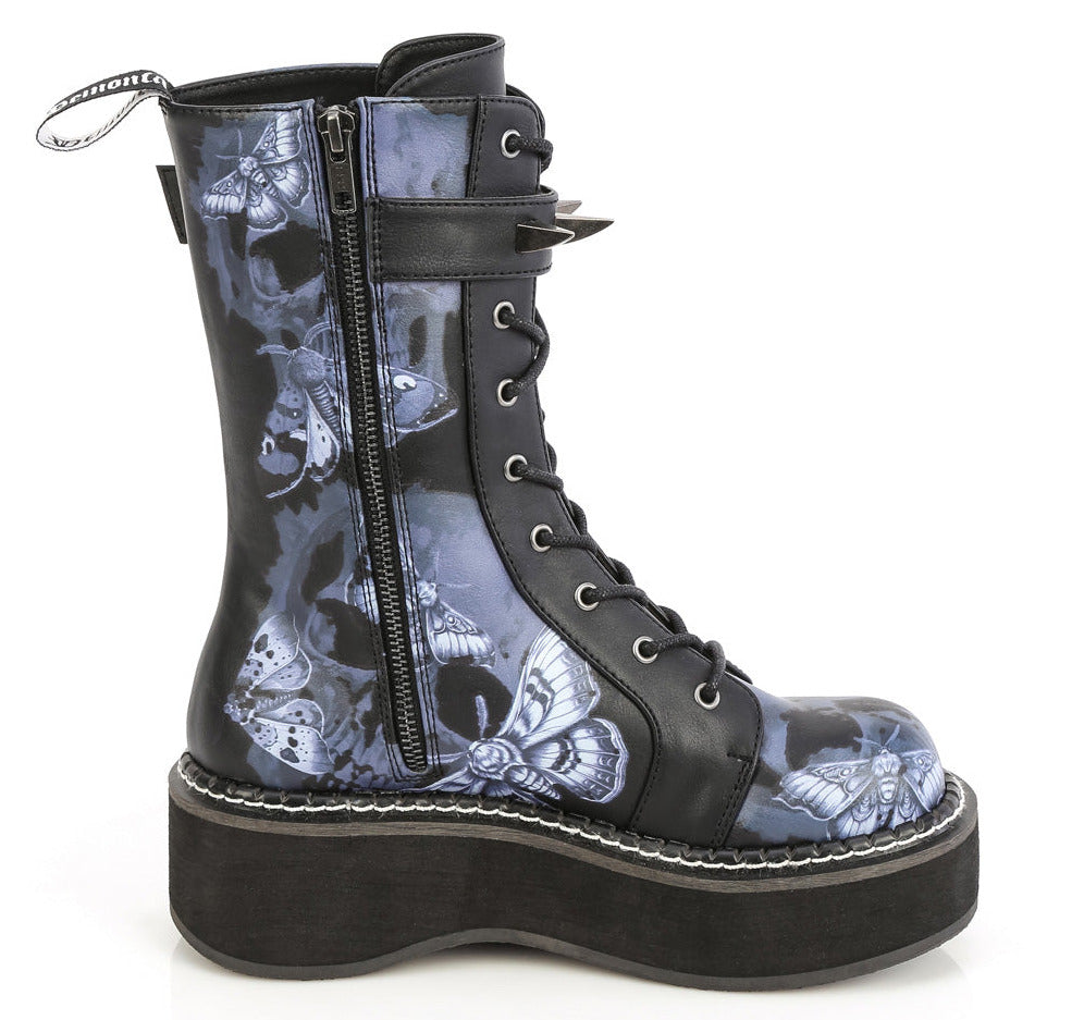 Gothic Moth Skull Platform Mid-Calf Combat Boots on white background