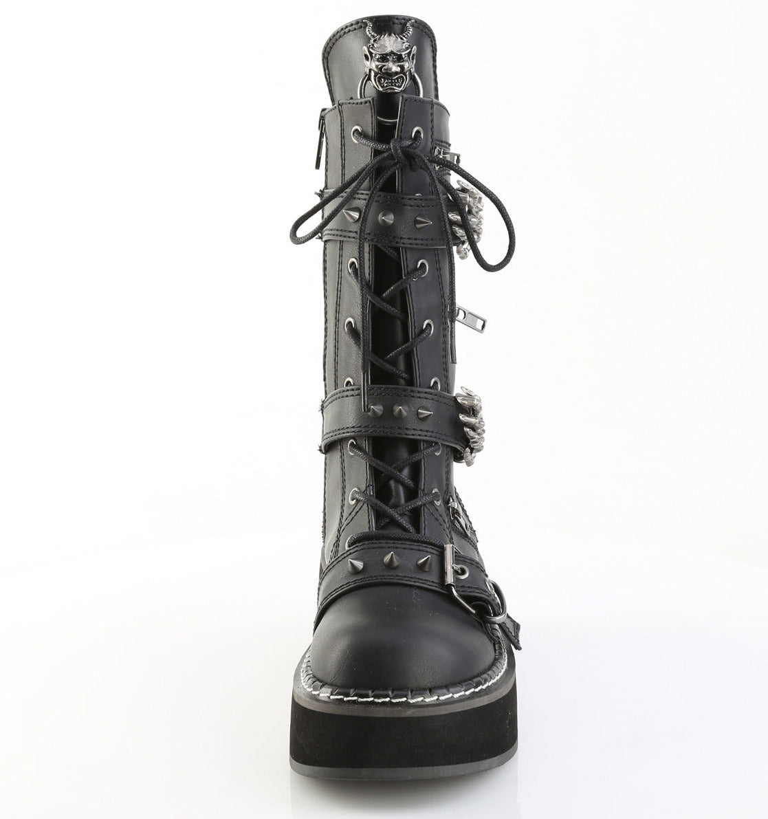 Goth Skeleton Platform Mid-Calf Combat Boots on White Background