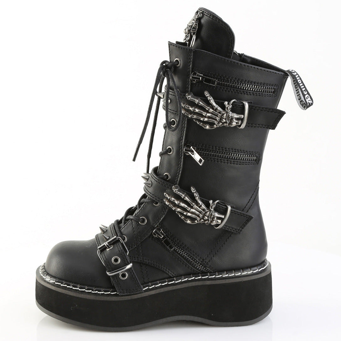 Goth Skeleton Platform Mid-Calf Combat Boots on White Background