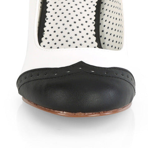 White high-heeled shoe with black sole and mesh design on a white background