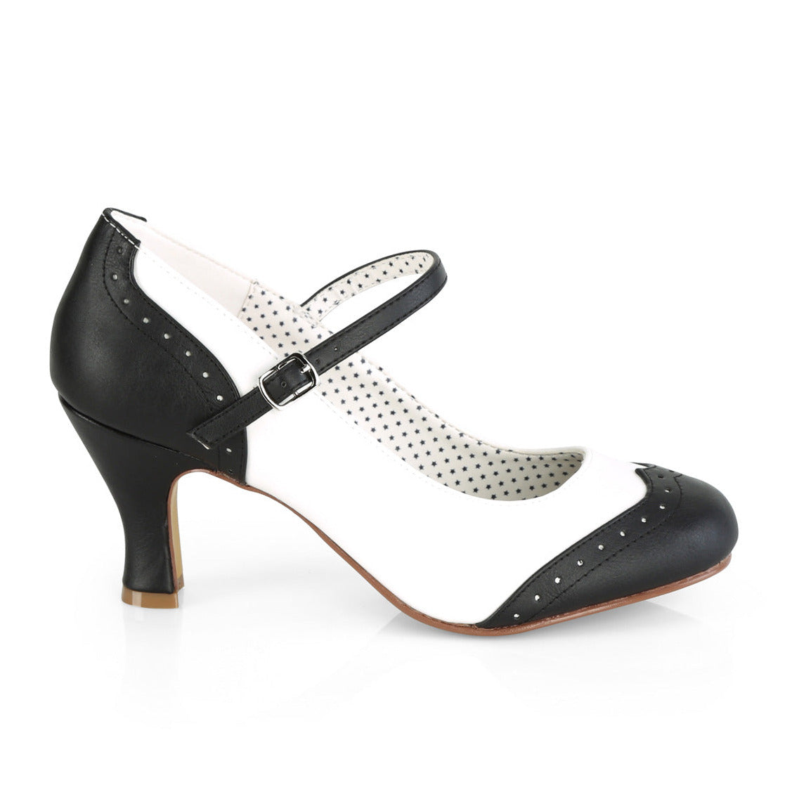 Black and white shoe with a strap on a white background