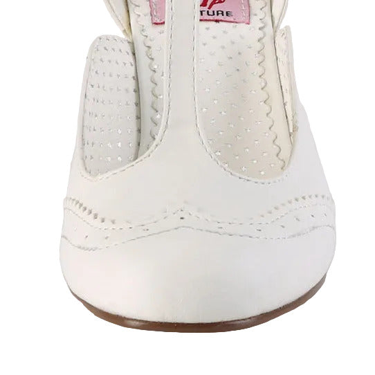 White shoe with a visible brand label on a light gray background