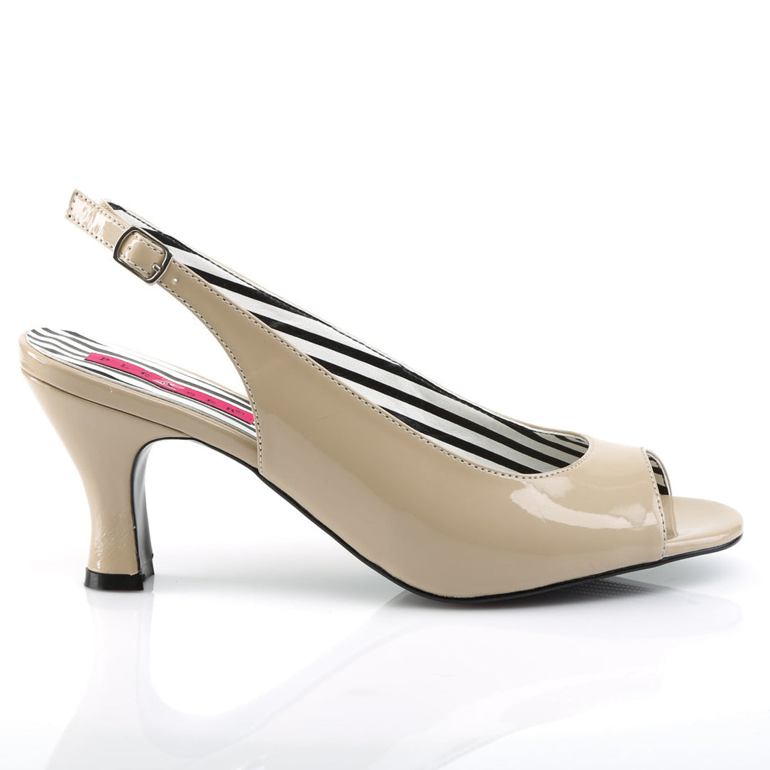 Cream Kitten Heel Patent Leather Slingback Pumps on White Background