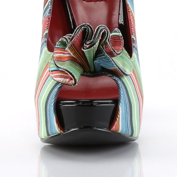 Multicolored striped vintage-inspired platform high heel shoe on white background
