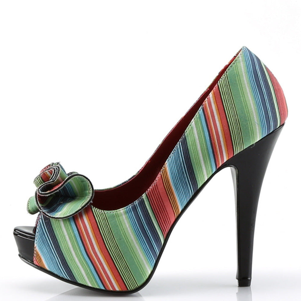 Multicolored striped vintage-inspired platform high heel shoe on white background