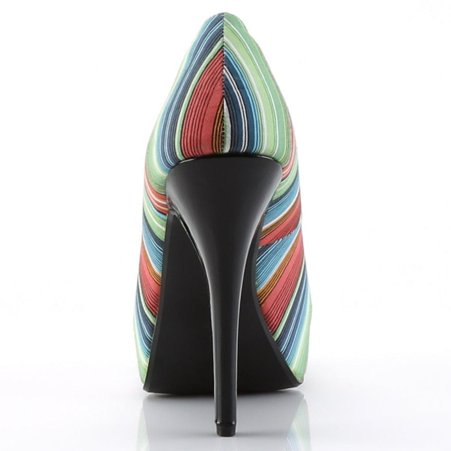 Multicolored striped vintage-inspired platform high heel shoe on white background