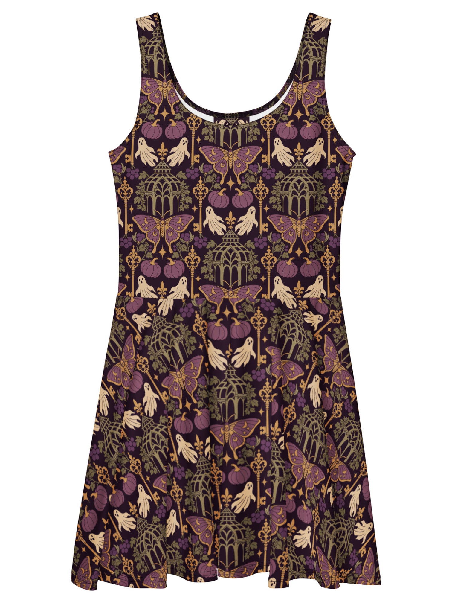 A sleeveless scoop-neck dress featuring an intricate gothic pattern with purple moth, ghosts and ornate keys on a dark background.