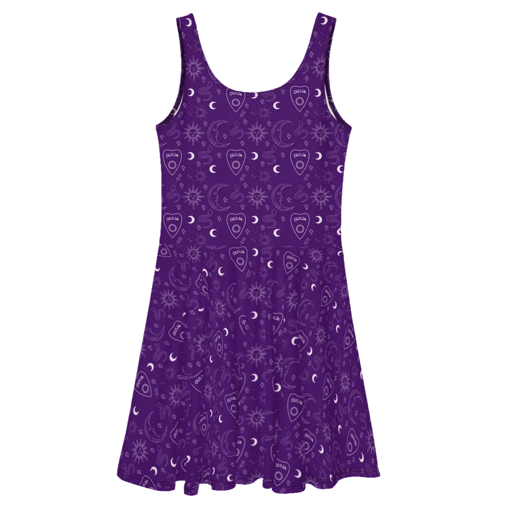 Purple Gothic skater dress with a white Ouija board cursor and celestial pattern.