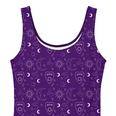 Purple Gothic skater dress with a white Ouija board and celestial pattern.