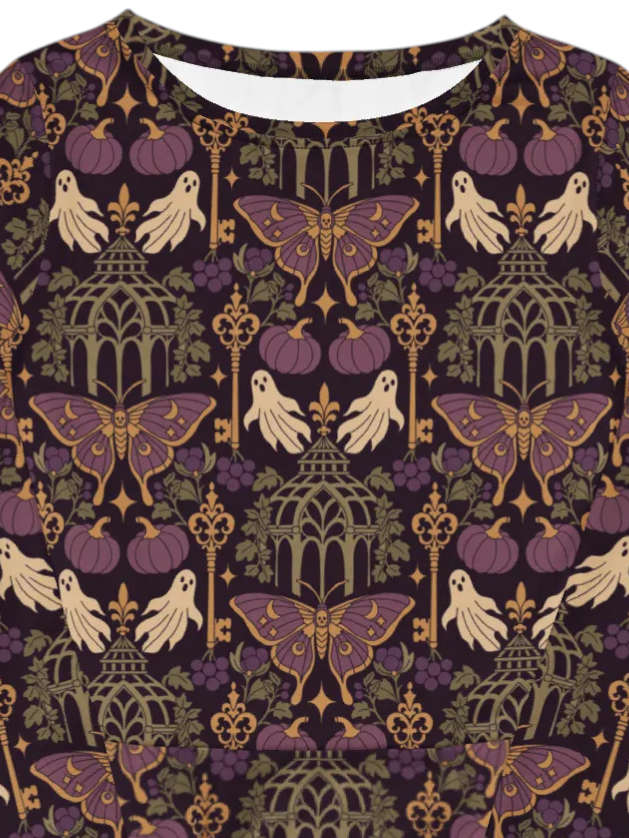 A long-sleeve A-line dress with a gothic Victorian-style print featuring purple moths,  and dark gothic arches on a dark background.