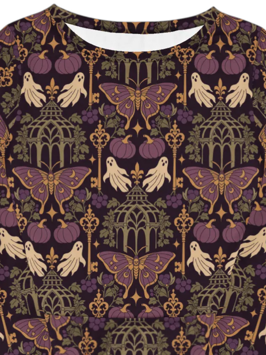 A long-sleeve A-line dress with a gothic Victorian-style print featuring purple moths,  and dark gothic arches on a dark background.