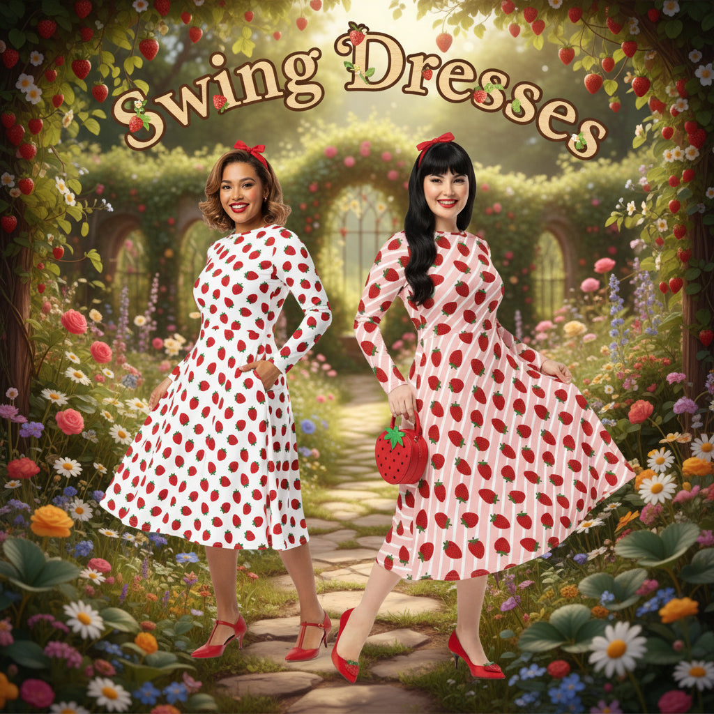 Two women in strawberry plus size pin up dresses standing in a garden with 'Swing Dresses' text above.