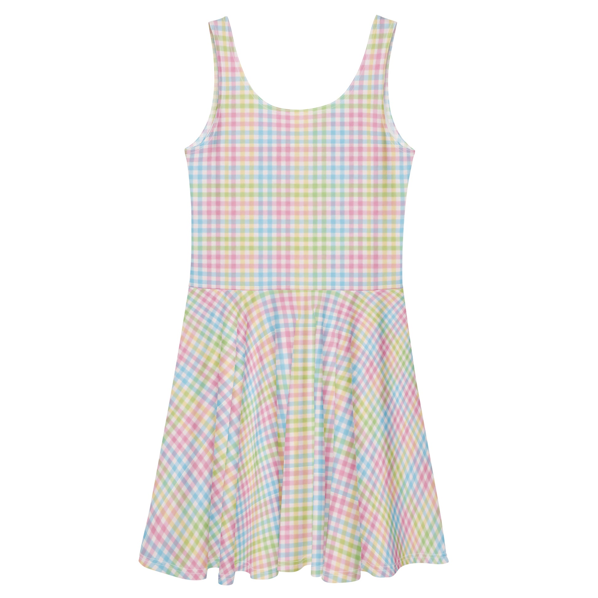 Pastel rainbow gingham 1950s vintage-inspired swing dress.
