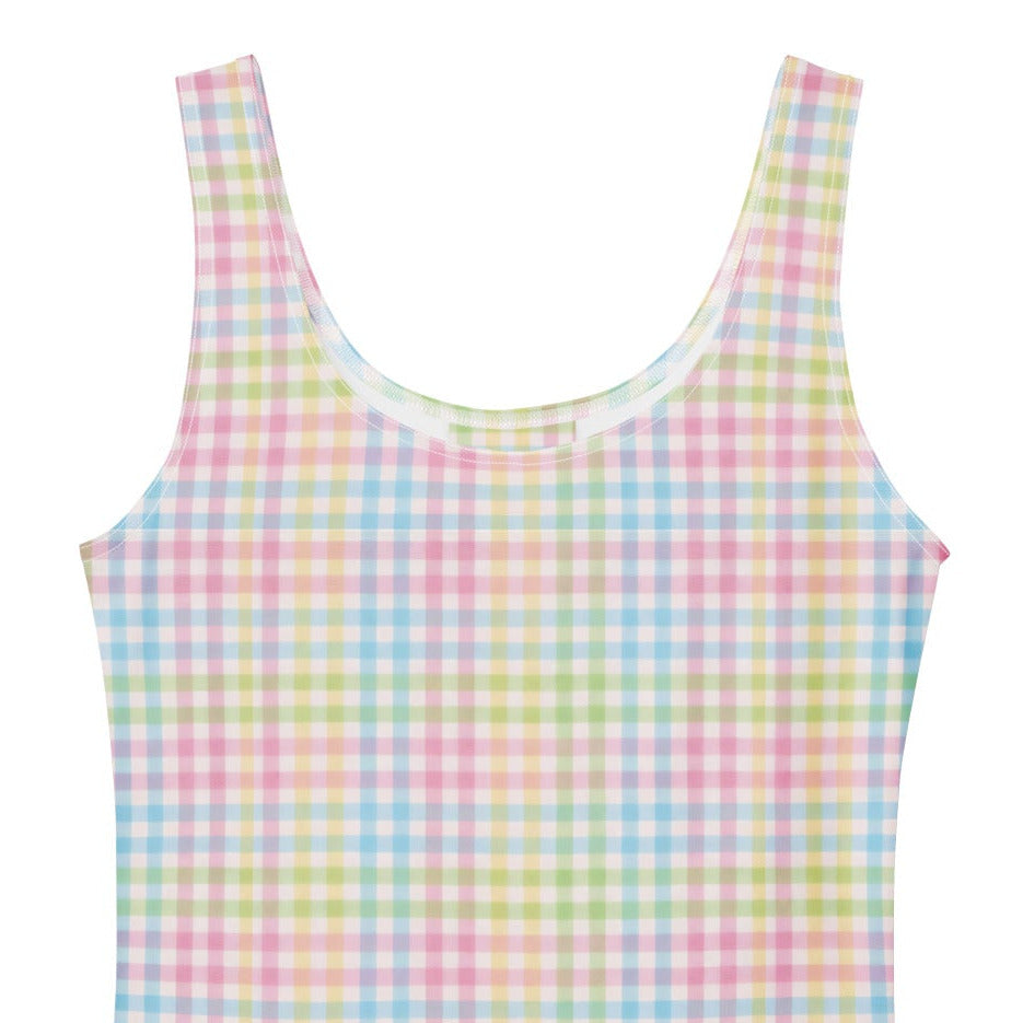 Pastel rainbow gingham 1950s vintage-inspired swing dress.