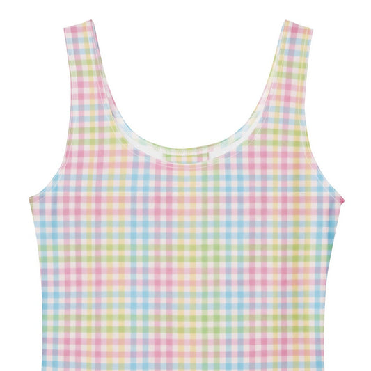 Pastel rainbow gingham 1950s vintage-inspired swing dress.