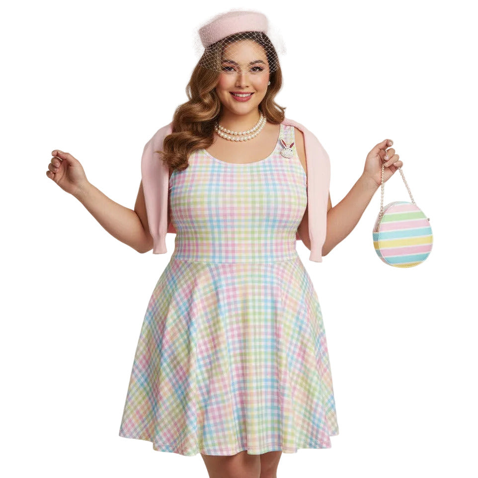 Plus size woman wearing a pastel rainbow gingham 1950s vintage-inspired swing dress with a pink pillbox hat and pearl necklace.