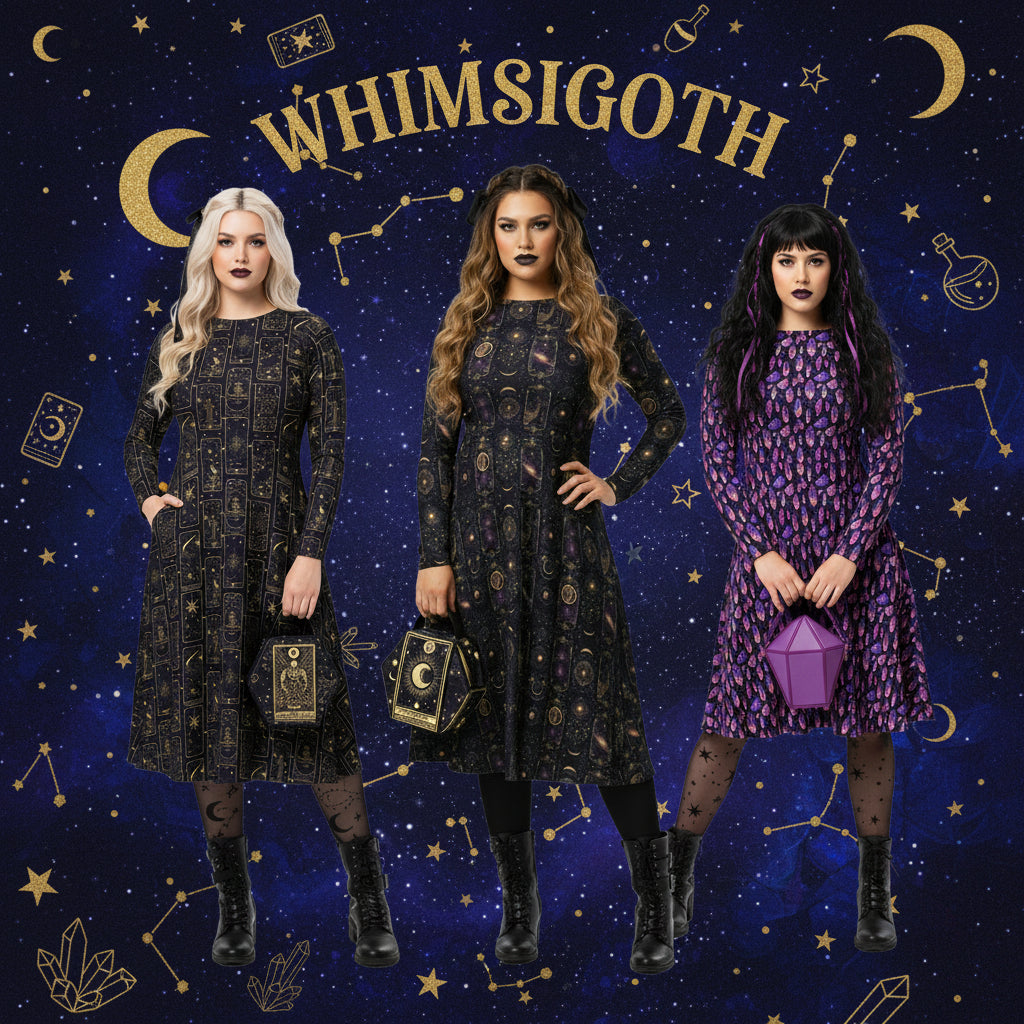 Three women in whimsigoth celestial print dresses against a starry night sky with 'WHIMSIGOOTH' branding.