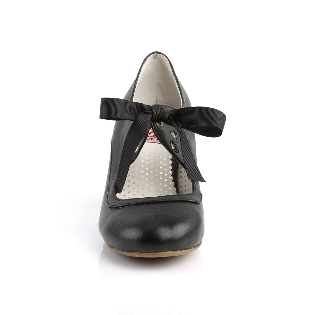 Black faux leather Mary Jane shoes with a 2.5-inch Cuban kitten heel, ribbon tie closure, and heart cutout detailing in a 1950s pin-up style.