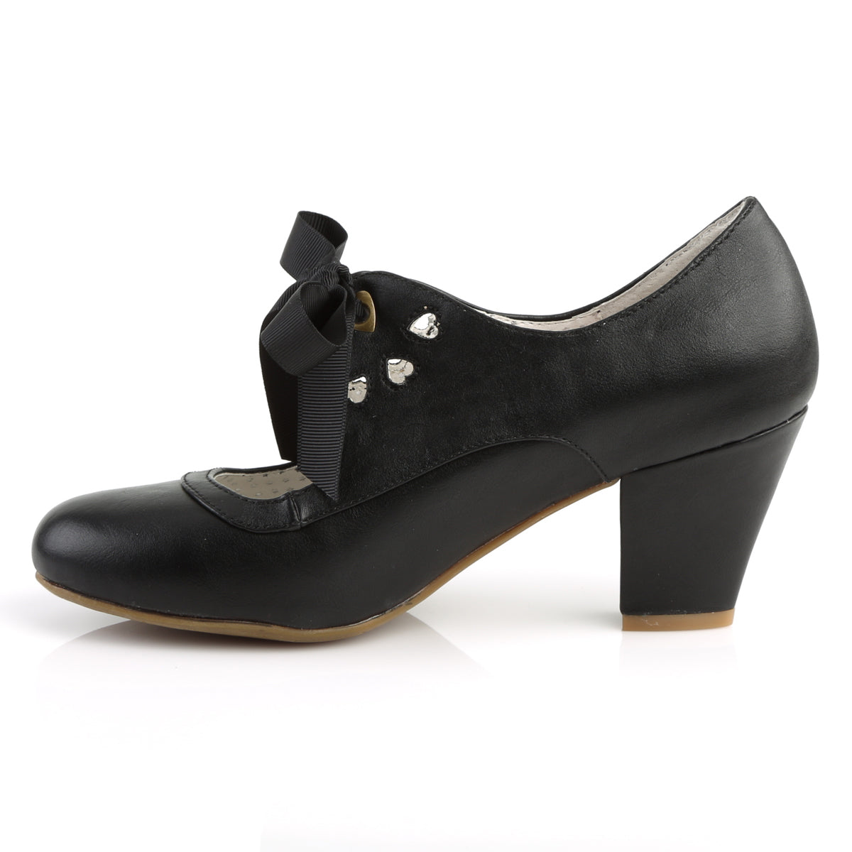 Black faux leather Mary Jane shoes with a 2.5-inch Cuban kitten heel, ribbon tie closure, and heart cutout detailing in a 1950s pin-up style.