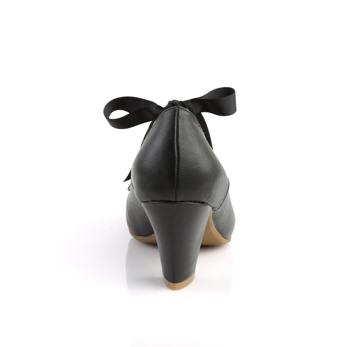 Black faux leather Mary Jane shoes with a 2.5-inch Cuban kitten heel, ribbon tie closure, and heart cutout detailing in a 1950s pin-up style.