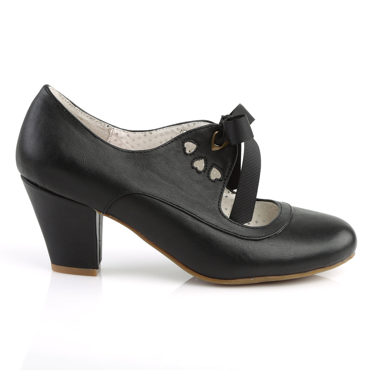 Black faux leather Mary Jane shoes with a 2.5-inch Cuban kitten heel, ribbon tie closure, and heart cutout detailing in a 1950s pin-up style.