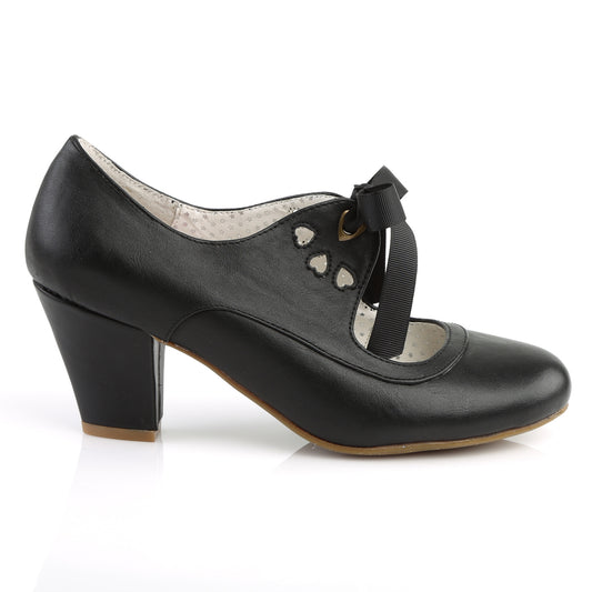 Black faux leather Mary Jane shoes with a 2.5-inch Cuban kitten heel, ribbon tie closure, and heart cutout detailing in a 1950s pin-up style.