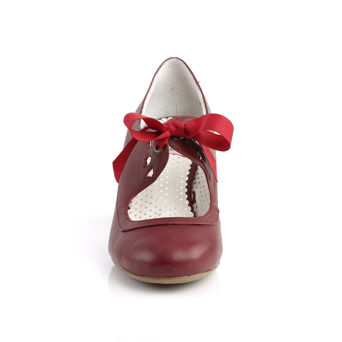 Burgundy Red faux leather Mary Jane shoes with a 2.5-inch Cuban kitten heel, ribbon tie closure, and heart cutout detailing in a 1950s pin-up style.