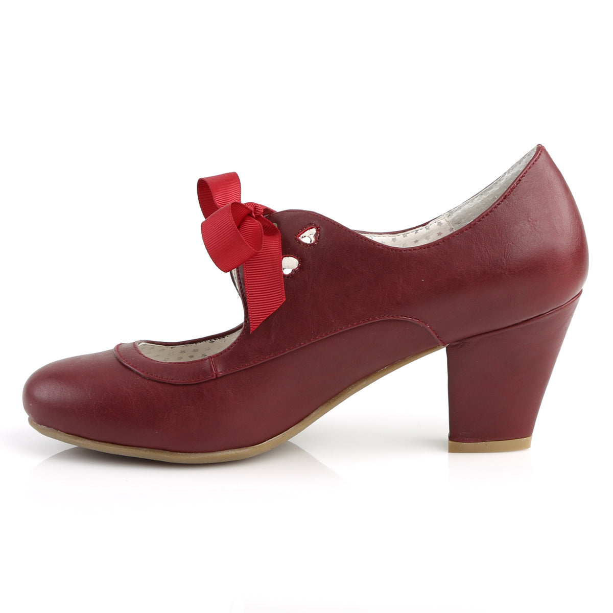 Burgundy Red faux leather Mary Jane shoes with a 2.5-inch Cuban kitten heel, ribbon tie closure, and heart cutout detailing in a 1950s pin-up style.