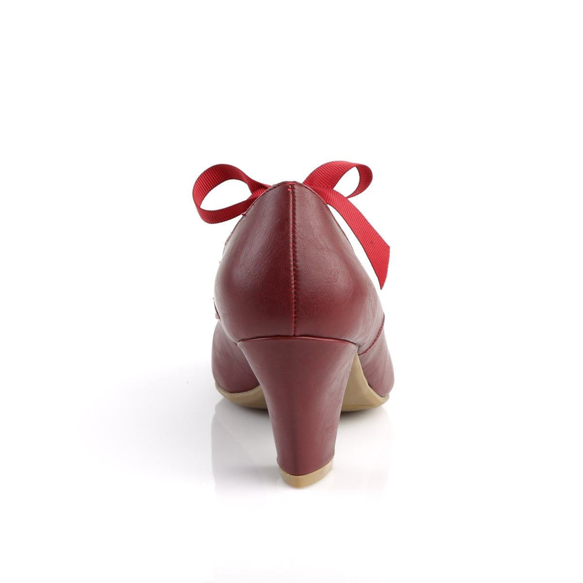 Burgundy Red faux leather Mary Jane shoes with a 2.5-inch Cuban kitten heel, ribbon tie closure, and heart cutout detailing in a 1950s pin-up style.