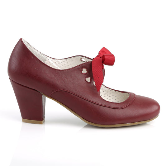 Burgundy Red faux leather Mary Jane shoes with a 2.5-inch Cuban kitten heel, ribbon tie closure, and heart cutout detailing in a 1950s pin-up style.