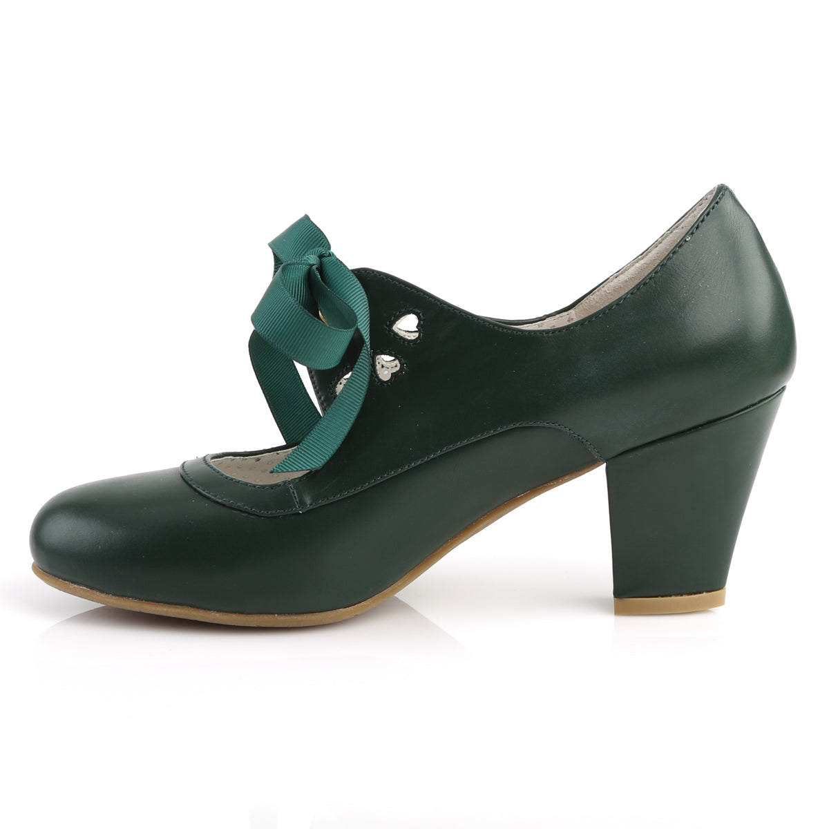 Green faux leather Mary Jane shoes with a 2.5-inch Cuban kitten heel, ribbon tie closure, and heart cutout detailing in a 1950s pin-up style.