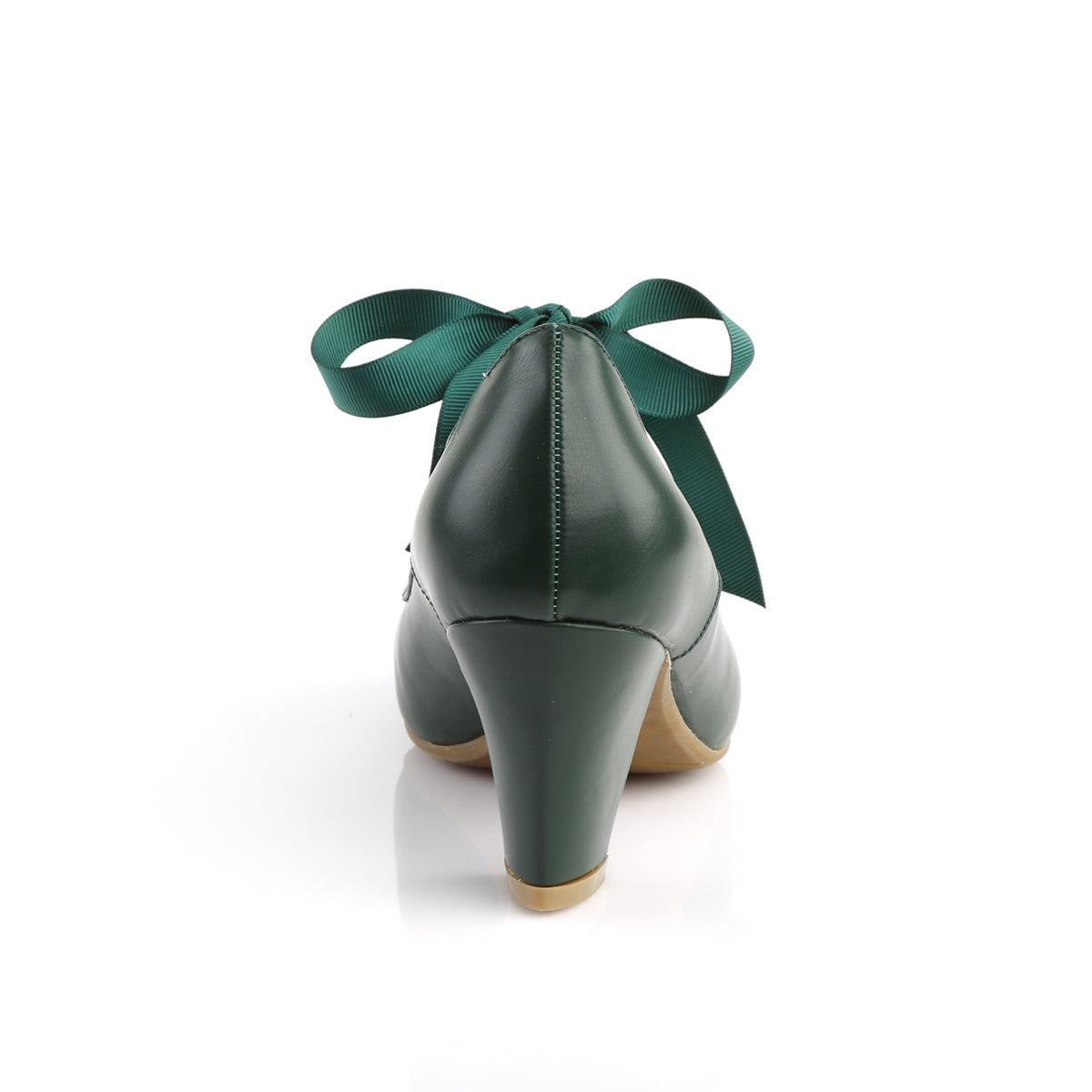 Green faux leather Mary Jane shoes with a 2.5-inch Cuban kitten heel, ribbon tie closure, and heart cutout detailing in a 1950s pin-up style.