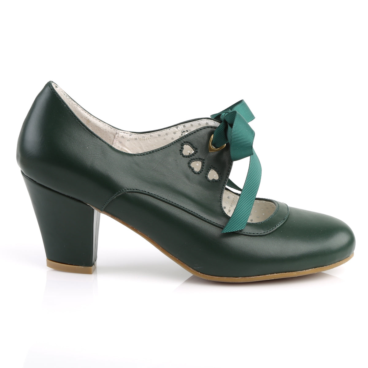 Green faux leather Mary Jane shoes with a 2.5-inch Cuban kitten heel, ribbon tie closure, and heart cutout detailing in a 1950s pin-up style.