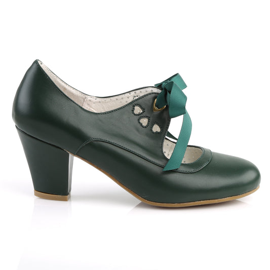 Green faux leather Mary Jane shoes with a 2.5-inch Cuban kitten heel, ribbon tie closure, and heart cutout detailing in a 1950s pin-up style.
