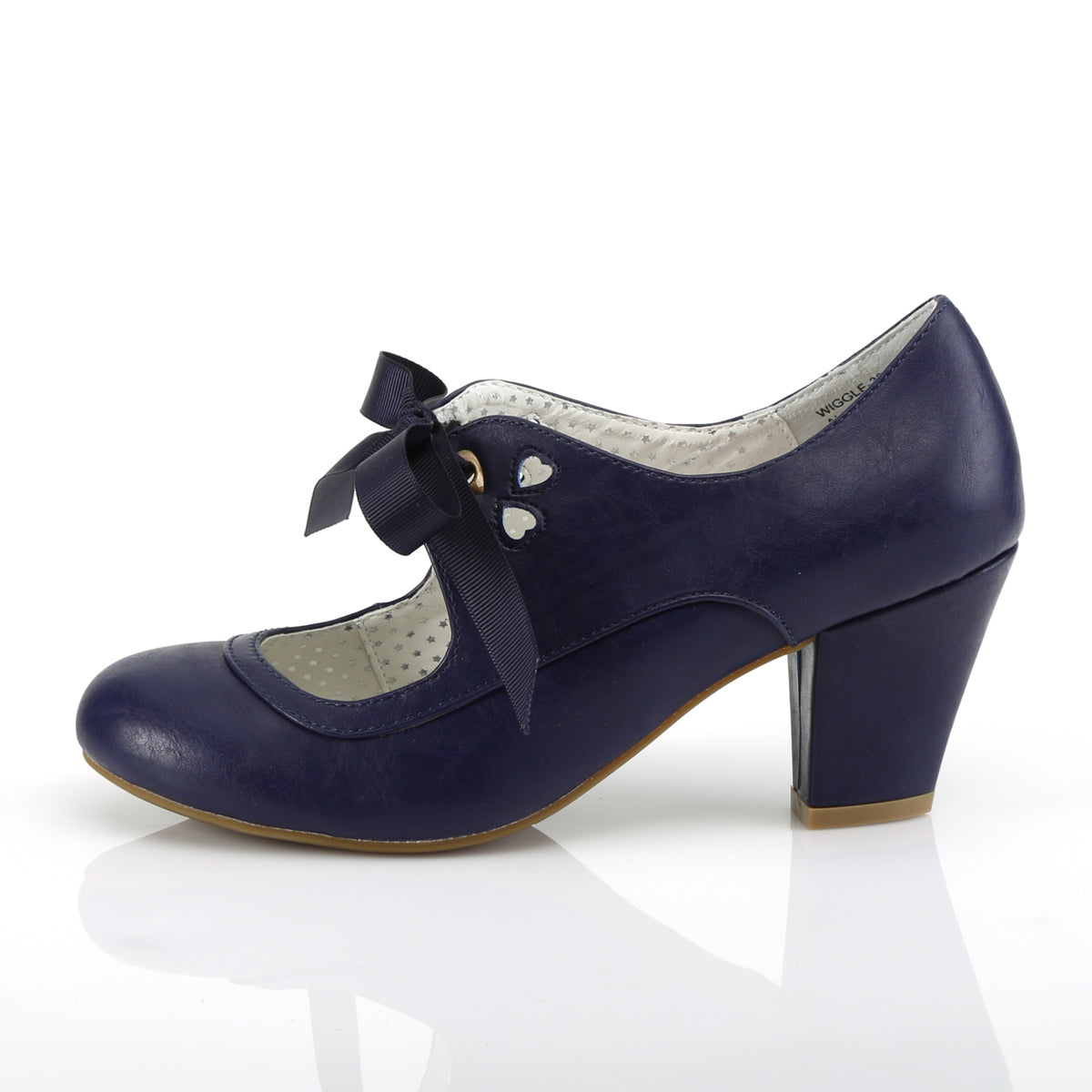 Navy Blue faux leather Mary Jane shoes with a 2.5-inch Cuban kitten heel, ribbon tie closure, and heart cutout detailing in a 1950s pin-up style.