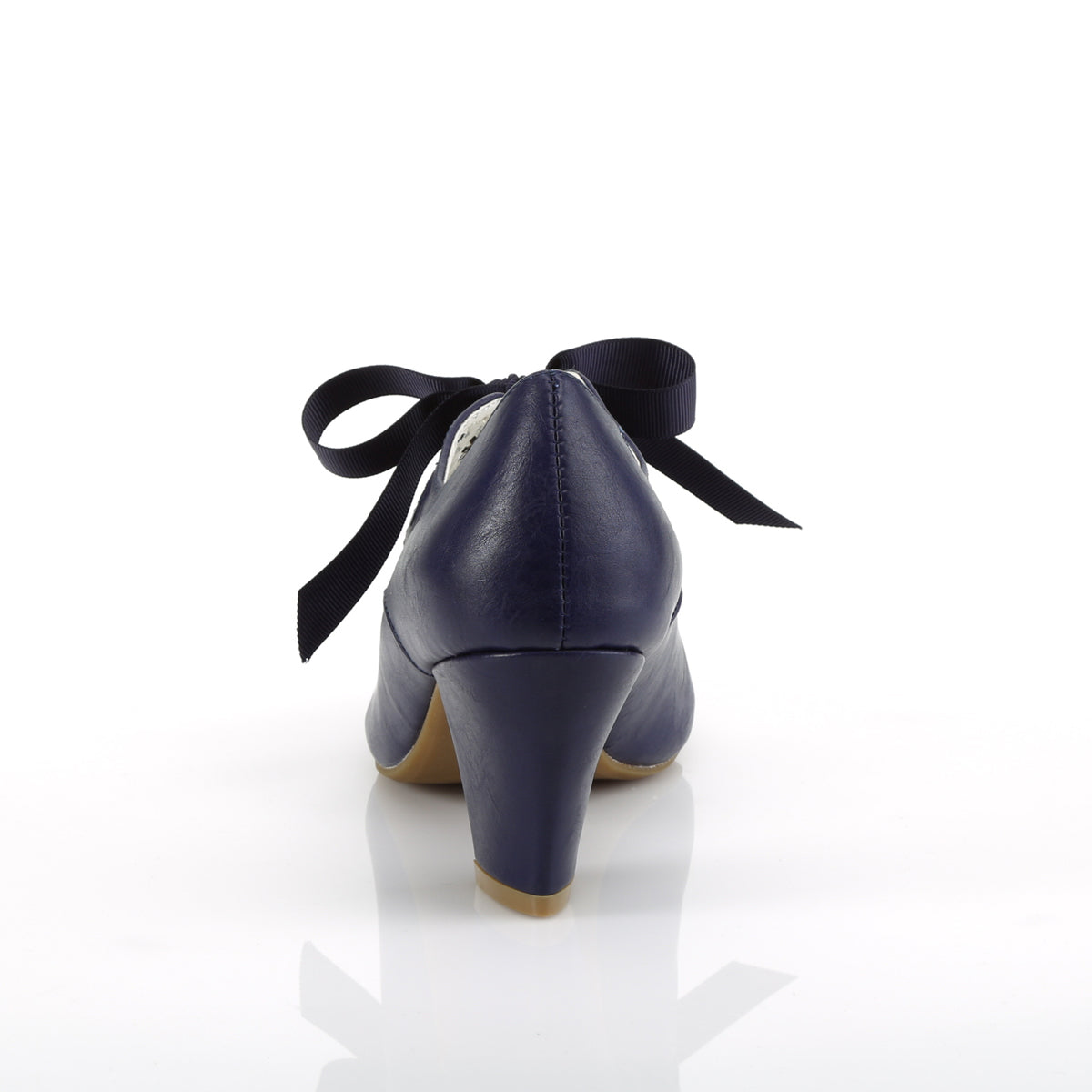 Navy Blue faux leather Mary Jane shoes with a 2.5-inch Cuban kitten heel, ribbon tie closure, and heart cutout detailing in a 1950s pin-up style.