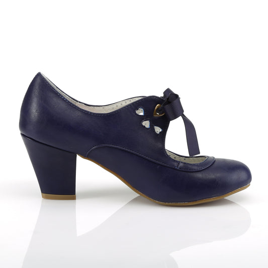 Navy Blue faux leather Mary Jane shoes with a 2.5-inch Cuban kitten heel, ribbon tie closure, and heart cutout detailing in a 1950s pin-up style.