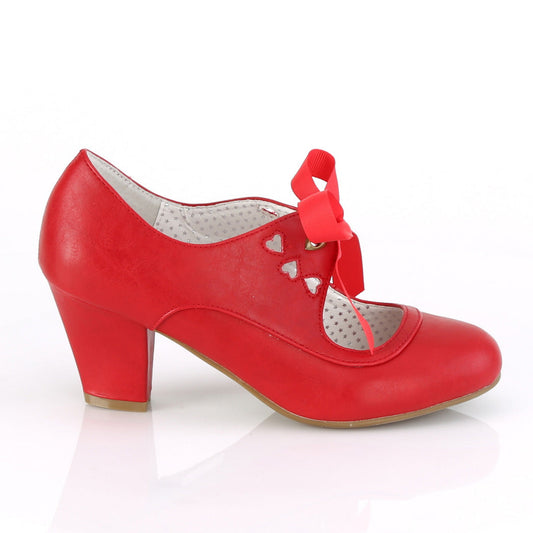 Red faux leather Mary Jane shoes with a 2.5-inch Cuban kitten heel, ribbon tie closure, and heart cutout detailing in a 1950s pin-up style.