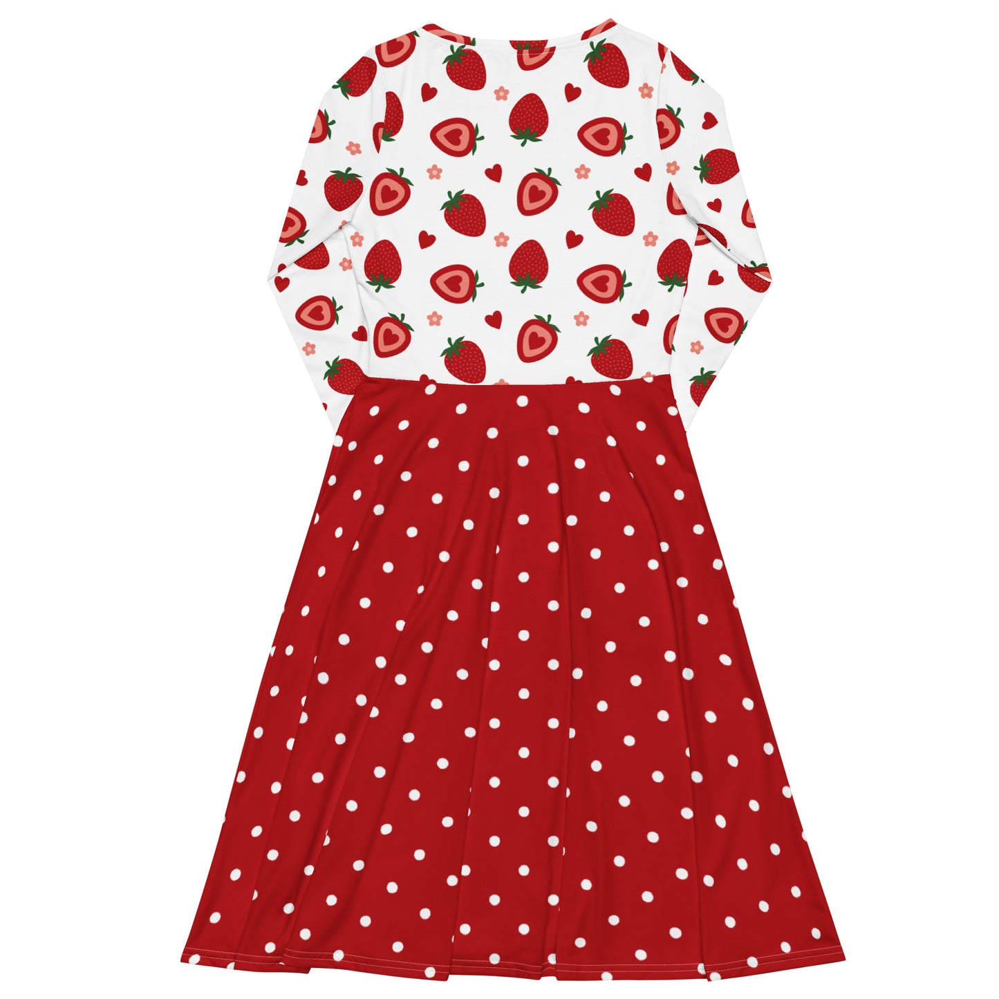 long sleeve white and red strawberry pin-up swing dress with red polka dot skirt and pockets