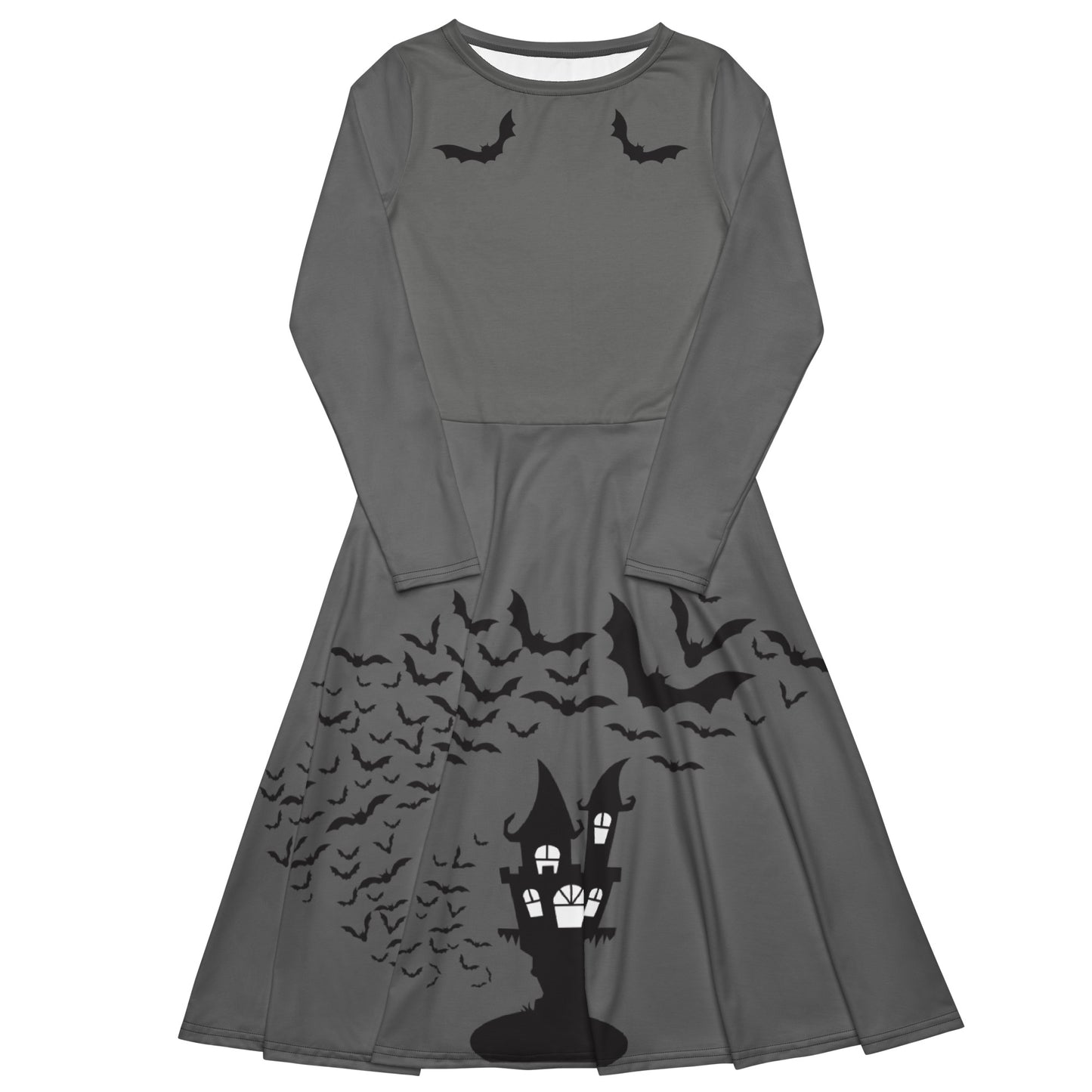 Long sleeve goth pinup dress with black bat and haunted house print featuring functional side pockets.
