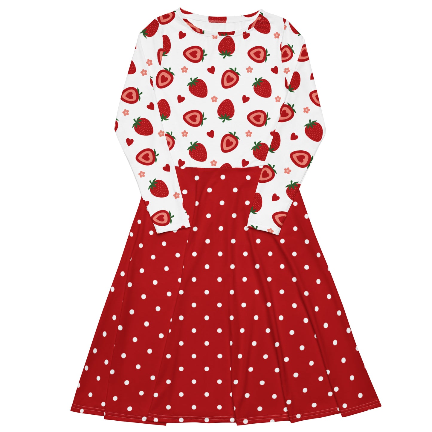 long sleeve white and red strawberry pin-up swing dress with red polka dot skirt and pockets